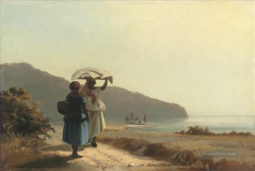 two boys singing Painting - two woman chatting by the sea st thomas 1856 Camille Pissarro